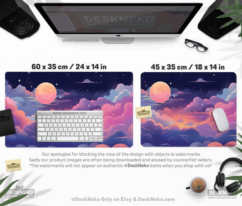 May include: Two rectangular desk mats with a dreamy night sky design. One mat is 24 x 14 inches, the other is 18 x 14 inches. Each features a large, peach-colored moon, clouds in shades of pink, purple, and blue, and a starry sky. A keyboard and mouse are on the mats.