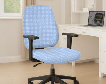 Desk Chair Cover, Office Chair Slipcover Stretch Washable, Universal Blue Gingham Cute Pattern Seat Cover for Home Office Setup Decor