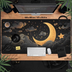 Celestial Desk Mat xl, Dark Moon Mouse pad, xxl deskmat mousepad xl, Witchy cottagecore aesthetic, Cute cozy Black/Gold space stars clouds