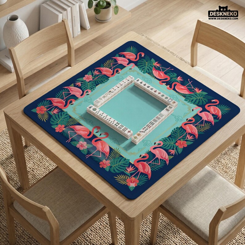 Mahjong Mat, Flamingo Mahjong Mat, Tropical Beach Mahjong Table Mat, Pink Navy Aqua Playmat, Travel Game Mat, Coastal Mahjong Gift image 10