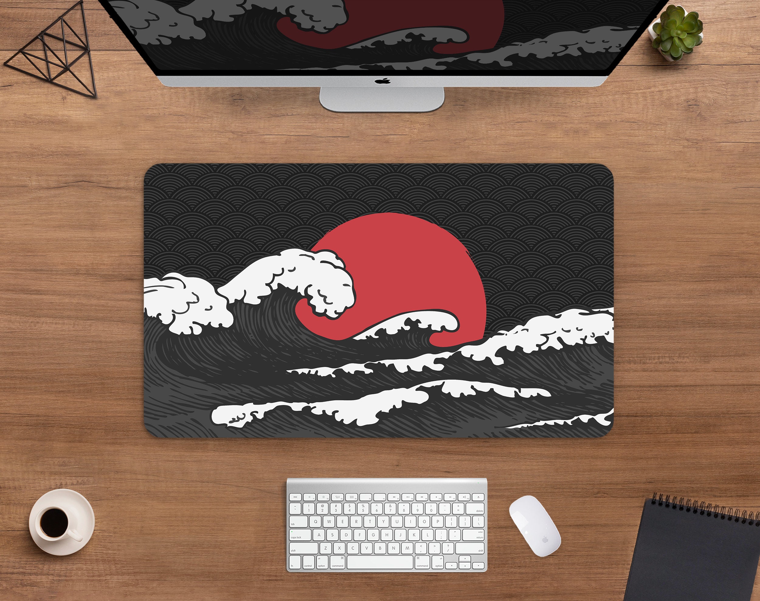 Japanese Desk Mat Great Wave Mousepad Black Red and White, Sea Sun
