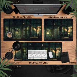 May include: Desk mats with a forest scene design. The mats are rectangular, with dimensions of 24 x 14 inches, 18 x 14 inches, and 31 x 12 inches. The design features a window view of a forest at night, with a black cat, a cup of coffee, and headphones.