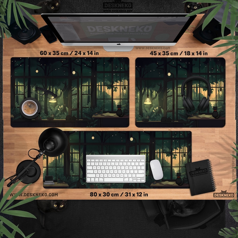 May include: Desk mats with a forest scene design. The mats are rectangular, with dimensions of 24 x 14 inches, 18 x 14 inches, and 31 x 12 inches. The design features a window view of a forest at night, with a black cat, a cup of coffee, and headphones.