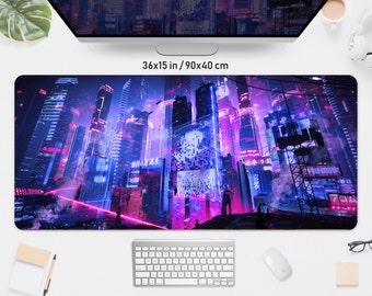 May include: A rectangular mouse mat featuring a futuristic cityscape design. The image shows tall buildings illuminated with neon pink and blue lights. The mouse mat measures 90x40 cm.
