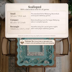 May include: A teal scalloped Mahjong game mat with a sea life design, including shells and starfish. The mat is on a wooden table, with text indicating sizes: 50 cm, 80 cm, and 100x50 cm. The text also mentions a thickness tip.