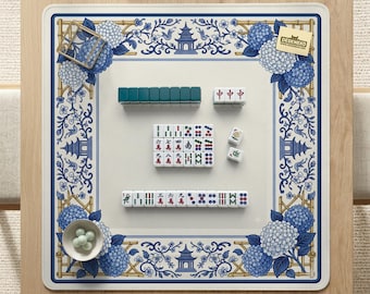 Tapete de Mahjong, Tapete de mesa de Mahjong estilo chinoiserie azul y blanco, Tapete de juego Pagoda con pájaros de hortensia, Protector de tela suave para juegos de mesa, Decoración de mesa