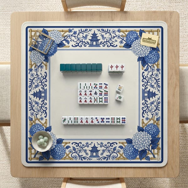 Mahjong Mat, Blue and White Chinoiserie Mahjong Table Mat, Hydrangea Bird Pagoda Play Mat, Smooth Board Game Cloth Protector, Table Decor