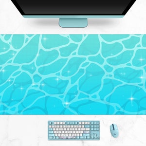 Turquoise Desk Mat wave, tapis de souris cyan kawaii, tapis de bureau esthétique anime mignon, eau des vagues de l’océan bleu / vert, tapis de souris de jeu xl extra large