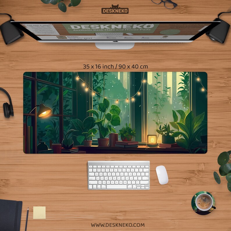 May include: Aesthetic desk mat with a nature scene featuring potted plants, a window, and string lights. The mat is 35 x 16 inches (90 x 40 cm) and includes the text "DESKNEKO" and "www.DESKNEKO.com". A keyboard and mouse are on the desk.