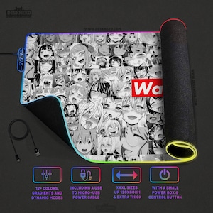 May include: A black and white XXXL mousepad with a collage of anime faces. The mousepad has a colorful LED edge, a USB to micro-USB power cable, and a small power box. The mousepad is 120x60cm and extra thick.
