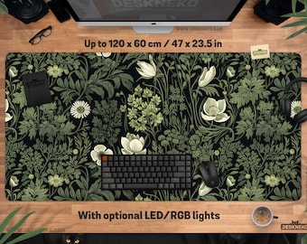 May include: A large rectangular desk mat featuring a floral design in green and white on a black backdrop. The mat measures up to 120 x 60 cm. The text "DESKNEKO" and "Up to 120 x 60 cm / 47 x 23.5 in" are visible. It has optional LED/RGB lights.