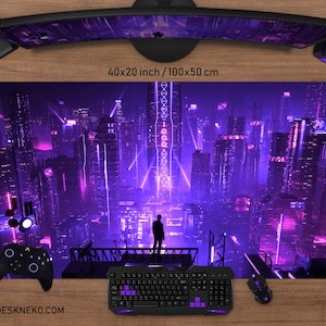 RGB Desk mat, Cyberpunk Mousepad, Vaporwave Deskmat Led, XL Big Gaming Mouse pad XXL, Purple Neon Tokyo City, Retrowave synthwave aesthetic