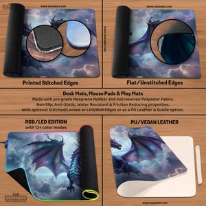 May include: Desk mats and mouse pads with dragon artwork. The image shows different styles, including stitched and unstitched edges, and RGB/LED editions. The mats are made of neoprene rubber and polyester fabric.