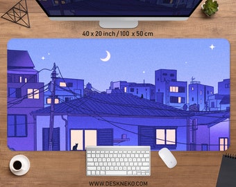 Alfombrilla de escritorio de anime retro de los 90, bonita alfombrilla de ratón urbana, alfombrilla de escritorio para juegos XL con LED RGB, estética vaporwave kawaii de Tokio Moon Village, reposamuñecas para alfombrilla de ratón.
