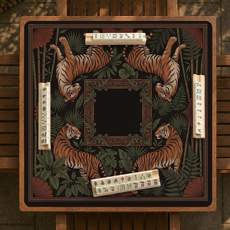 May include: Square Mahjong game board with a black background featuring four tigers, lush green foliage, and decorative borders. The board includes several sets of tiles with Chinese characters. The wooden frame adds a classic touch.