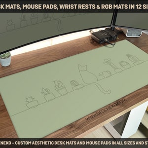 Minimal desk mat sage green, Cute cat plants mousepad, Cactus succulent houseplant lover, large deskmat, Boho simple neutral plain mouse pad