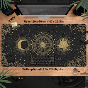 Celestial Desk Mat: Moon Mouse pad, Astrology Lunar Mousepad xxl, Black Gold Leather Deskmat xl, Cottagecore Tarot Space, Office Decor Gift