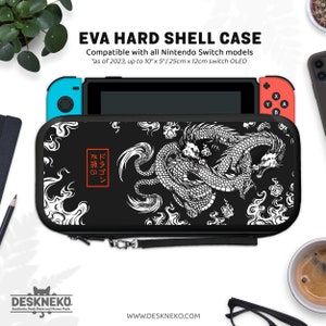 May include: Black EVA hard shell case for Nintendo Switch, featuring a white dragon design and Japanese text in a red box. Compatible with all Nintendo Switch models up to 25cm x 12cm. The case has a wrist strap and a zip closure.