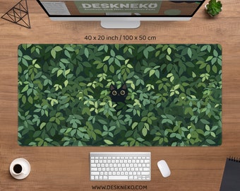 Cute Green Desk Mat, Kawaii black cat Mousepad, aesthetic plants nature, padded ergonomic wrist rest, Large rgb led gaming deskmat mouse pad