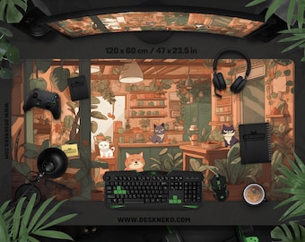 Cats Desk Mat Lofi, Aesthetic Mousepad large, Cute Anime cottagecore plants, keyboard matt, Led mouse pad XL, Kawaii gaming deskmat xxl gift