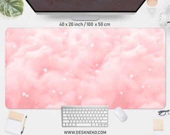 Pink clouds desk mat mousepad with wrist rest, Kawaii pastel sky mouse pad cute, XXL gaming deskmat RGB LED, Small round mousemat deskpad xl