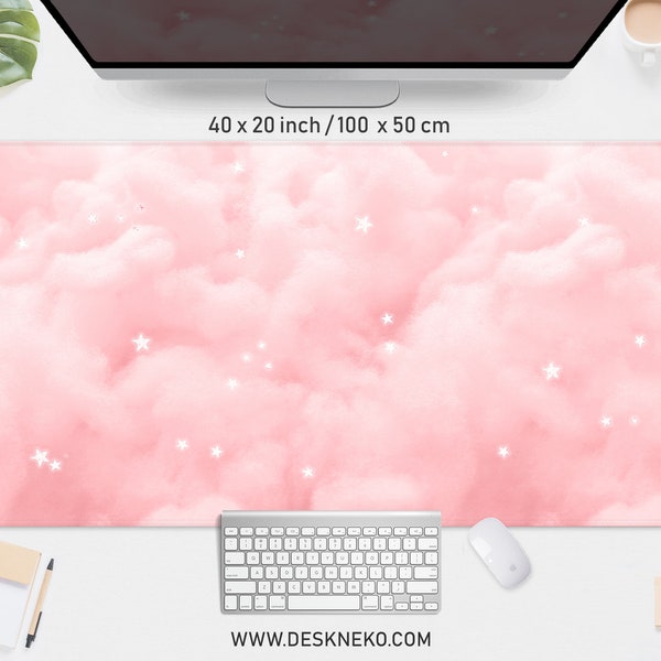 Pink clouds desk mat mousepad with wrist rest, Kawaii pastel sky mouse pad cute, XXL gaming deskmat RGB LED, Small round mousemat deskpad xl