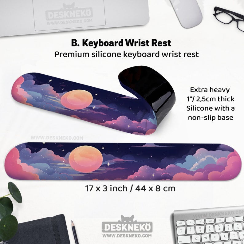 May include: A premium silicone keyboard wrist rest with a dreamy night sky design featuring a large peach-colored moon, clouds, and stars. The wrist rest is 17 x 3 inches and 1 inch thick. It has a non-slip base.