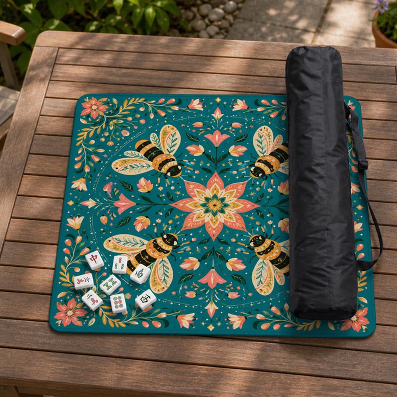 May include: A square teal mahjong mat featuring a symmetrical floral pattern with four bees surrounding a central flower, accompanied by eight white mahjong tiles and a black cylindrical carrying case with a shoulder strap.