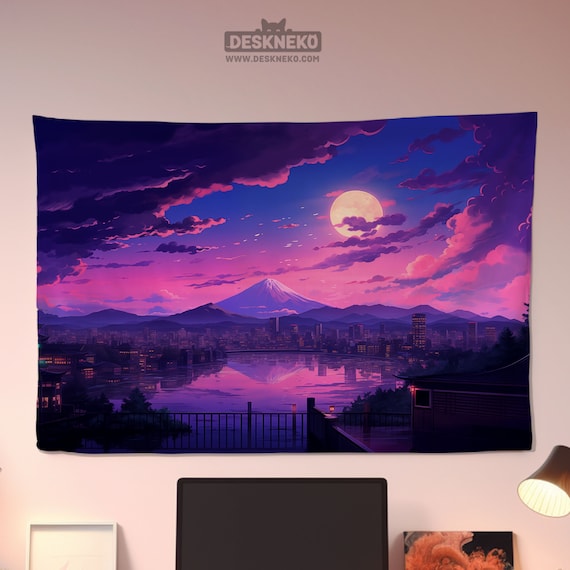 Mount Fuji Tapestry, Anime Wall hanging decor, Lofi Tokyo Skyline, desk setup poster art, Purple nature landscape, lo fi room accessory