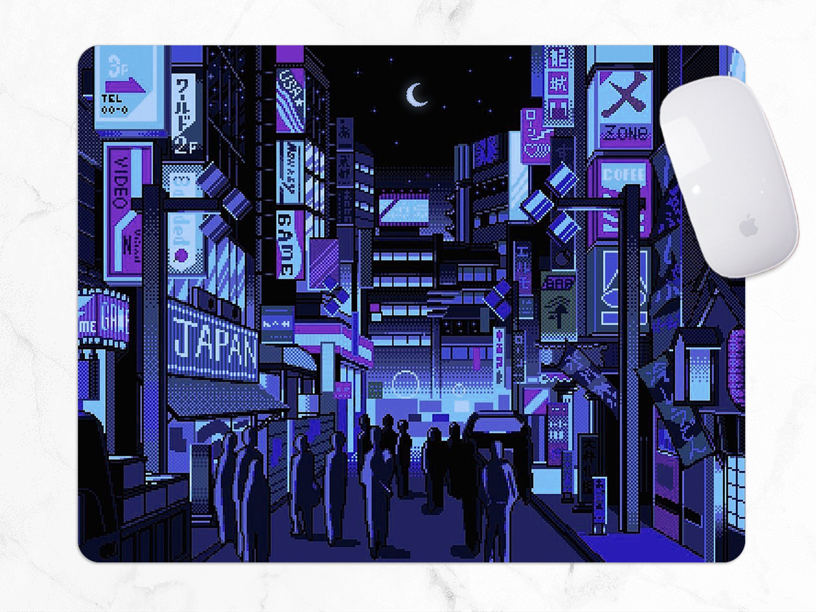 Tokyo Street Desk Mat, Retro Vaporwave Neon Pixel Art