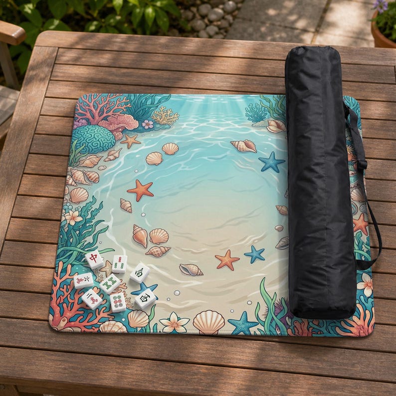 May include: A colorful Mahjong mat with a beach-themed design featuring seashells, starfish, and coral. The mat is rolled up with a black carrying case. Several Mahjong tiles are visible on the mat.