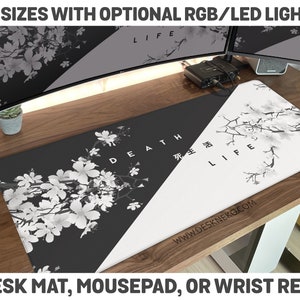 Japanische Schreibtischunterlage Kanji, Schwarz-Weiß-Mauspad Manga, Anime-Mauspad Death Alive, Sakura-Kirschblütenbaum, XXL-Gaming-Schreibtischmatte rgb led