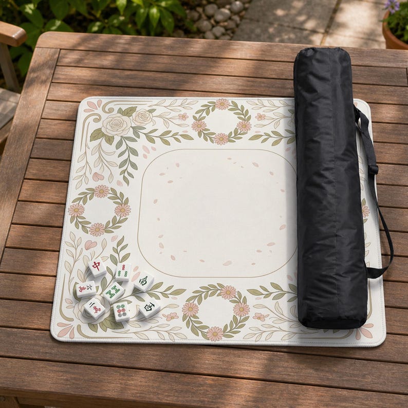 May include: A square mahjong mat featuring a cream-colored surface with a floral border of green leaves, pink flowers, and rose illustrations. Several white mahjong tiles are scattered on the mat, accompanied by a black cylindrical carrying case.