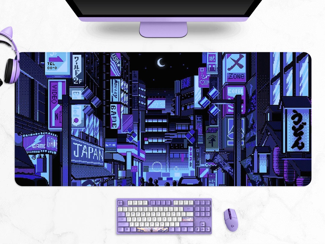 Tokyo Street Desk Mat, Retro Vaporwave Neon Pixel Art
