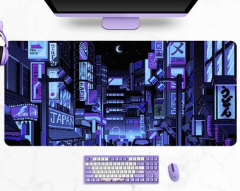 Cyan Vaporwave Mousepad, Neon Tokyo Street Desk Mat, 8bit