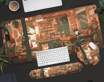 Cute Desk Mat cats, Anime Mousepad large, Cute lofi plants cafe Japanese, keyboard matt, Led mouse pad XL, Kawaii gaming deskmat xxl gift