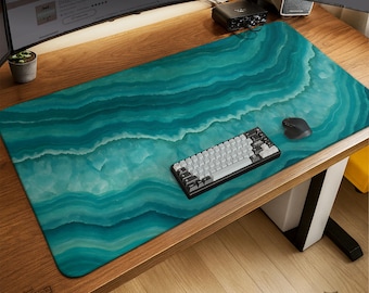 Teal Geode Desk Mat, Turquoise Modern XL Gaming Mouse Pad, XXL Non-Slip deskmat, Extra Large Extended office keyboard matt, Gift for gamers