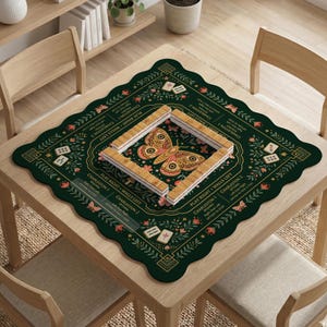 May include: A square dark green mahjong mat with scalloped edges, featuring a central moth illustration, floral patterns, and game instructions. A rectangular frame of light-colored mahjong tiles is arranged in the center of the mat.