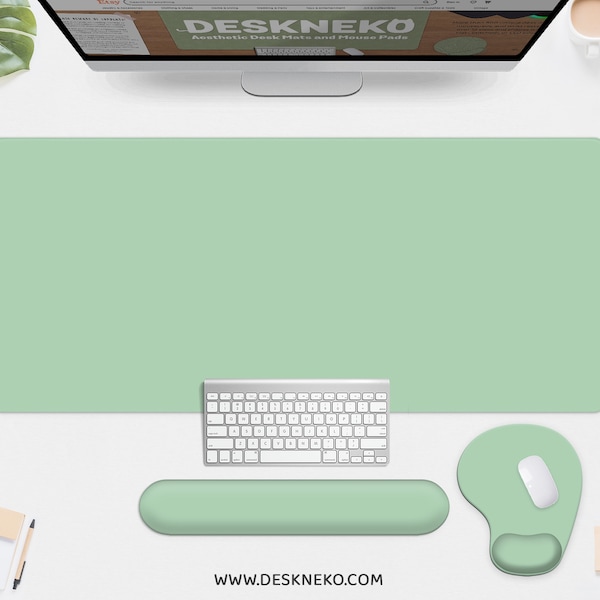 Pastel green desk mat, Sage green mouse pad large, vegan leather, Mint green minimalist cute, keyboard wrist rest, Simple neutral mousepad