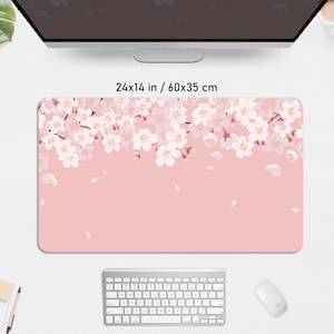 Cherry Blossom Desk Mat pink, Sakura Mousepad flower, pastel peach lofi anime aesthetic, kawaii gaming keyboard mouse pad xxl deskmat kawai 14" x 24" (35x60cm) inches
