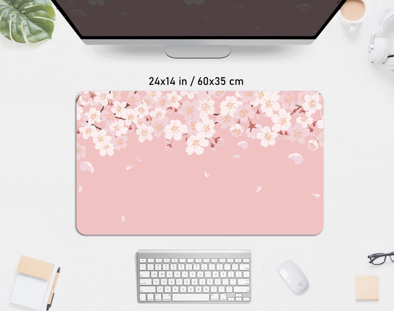 Cherry Blossom Desk Mat pink, Sakura Mousepad flower, pastel peach lofi anime aesthetic, kawaii gaming keyboard mouse pad xxl deskmat kawai 14" x 24" (35x60cm) inches