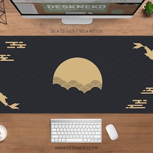 Japanische Schreibtischmatte, Schwarz & Gold Mousepad, Koi Fisch Sonne Wolke Japan Kunst Robbe Sonnenaufgang, Sonnenuntergang dunkel Große XXL Gaming Schreibtischmatte RGB LED Mauspad