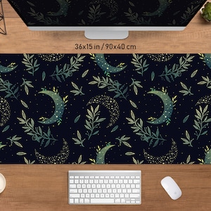 Witchy Moon Desk mat Mousepad, big xl xxl gaming deskmat led rgb mouse pad large, magic mystical dark black green plants witch, Boho goth