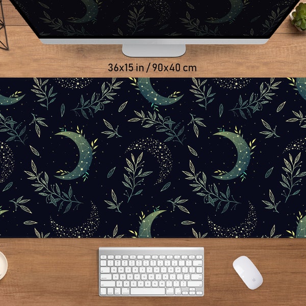 Witchy Moon Desk mat Mousepad, big xl xxl gaming deskmat led rgb mouse pad large, magic mystical dark black green plants witch, Boho goth