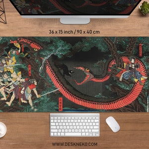 Japanese desk mat, big gaming mousepad rgb led, xxl big extended deskmat, Woodblock asian art snake dragon samurai, xl extra large mouse pad