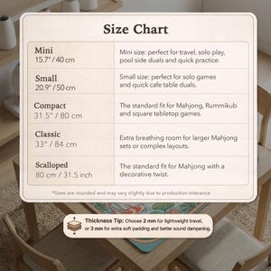 May include: A size chart for Mahjong mats, with measurements in inches and centimeters. The chart lists sizes from Mini (15.7"/40 cm) to Scalloped (31.5 inch/80 cm). The chart also includes a thickness tip for lightweight travel or extra padding.