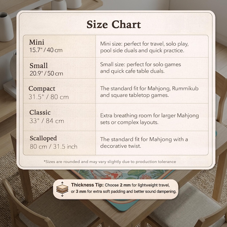 May include: A size chart for Mahjong mats, with measurements in inches and centimeters. The chart lists sizes from Mini (15.7"/40 cm) to Scalloped (31.5 inch/80 cm). The chart also includes a thickness tip for lightweight travel or extra padding.