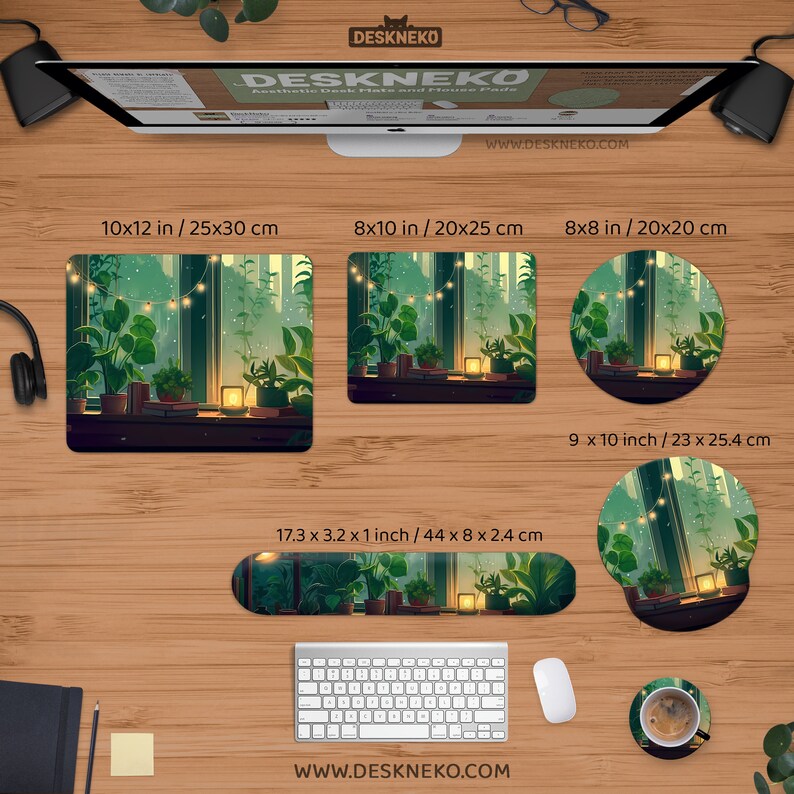 May include: A collection of aesthetic desk mats and mouse pads featuring a serene illustration of a window scene with plants, string lights, and a warm glow. Sizes include 10x12 in, 8x10 in, 8x8 in, 9x10 in, and a 17.3 x 3.2 x 1 inch wrist rest.