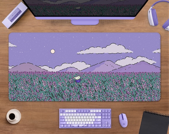 Kawaii desk mat cute mousepad anime, Kawai lavender landscape japan deskmat matt, green purple blue xl large xxl gaming keyboard mouse pad
