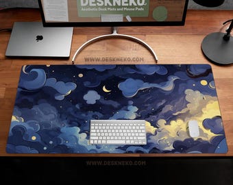 Tappetino da scrivania con cielo notturno da sogno: tappetino per mouse con nuvole celestiali, stelle e luna blu navy, tappetino per mouse da gioco XL esteso, tappetino per mouse da scrivania con galassia estetica